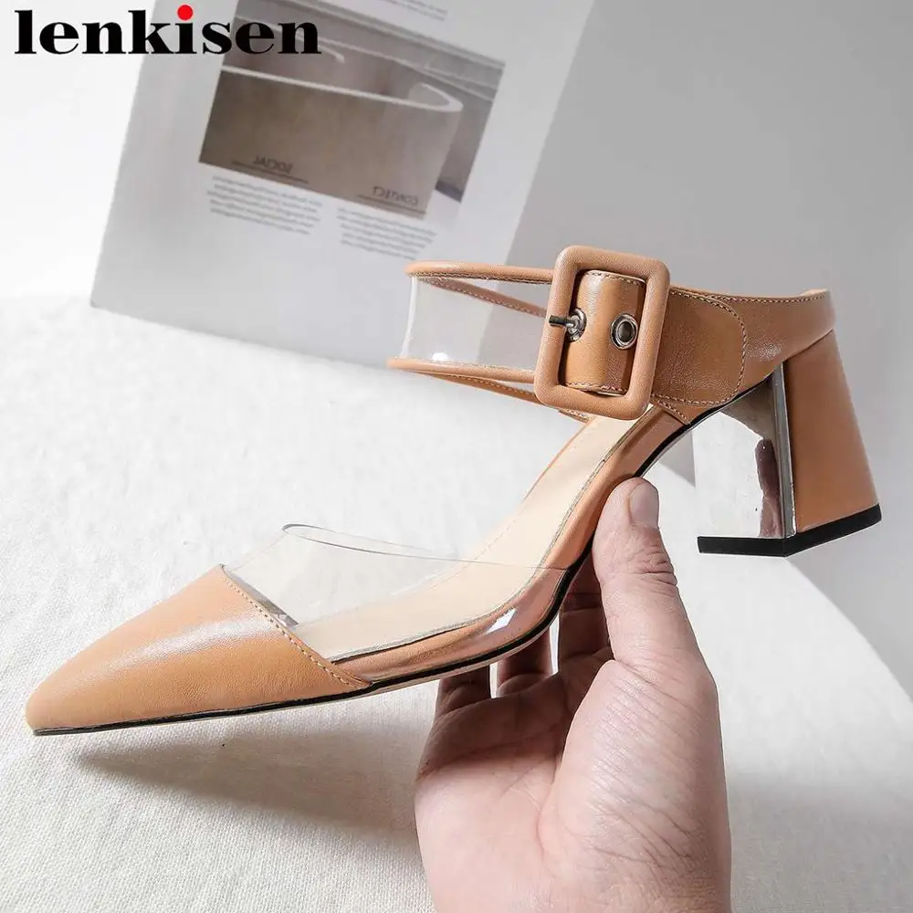 

Lenkisen superstars simple style chunky med heels slip on mules pointed toe jelly shoes summer brand mules party women pumps L71