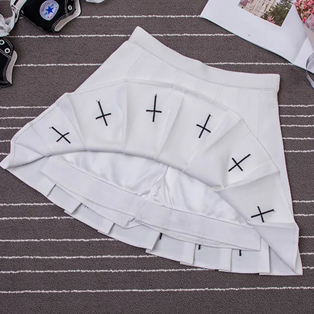 Summer Cross Embroidery Mini Skirts Women Girls Punk Gothic Short Pleated Skirts Female High Waist Black White Skirt