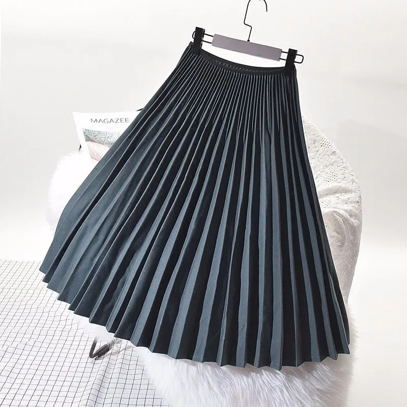 Весенняя и Осенняя длинная Плиссированная юбка в винтажном стиле с высокой талией, белые и черные трапециевидные юбки для женщин, faldas mujer moda jupe femme - Цвет: Темно-серый