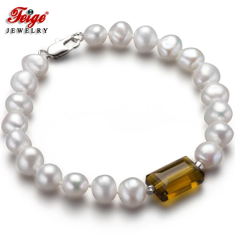 

FEIGE Special offer Baroque 7-8MM White Natural Freshwater Pearl Strand Bracelets For Women Green Crystal Bracelet Fine Jewelry