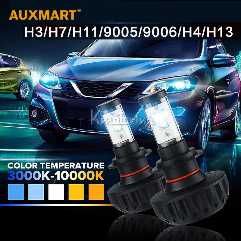 Auxmart H3/H4/H7/H11/H13/9005/9006 60W LED Car Headlight Hi-Lo/Single Beam Headlight Fog Light 3000/4300/6500/8000/10000K 12 24v