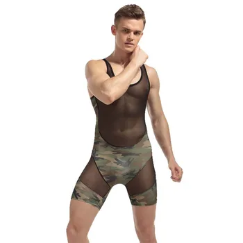 

Men Sexy Lingerie Bodysuit Transparent Camouflage Mens Wrestling Singlet Bodybuilding Bodystocking One-Piece Bodysuits