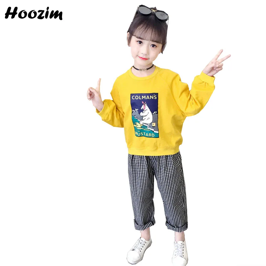 

High Street Plaid Elastic Pants Set Girls Cute Cartoon Bear Long Sleeve Cotton T Shirt Athleisure Children Clothing Set Autumn