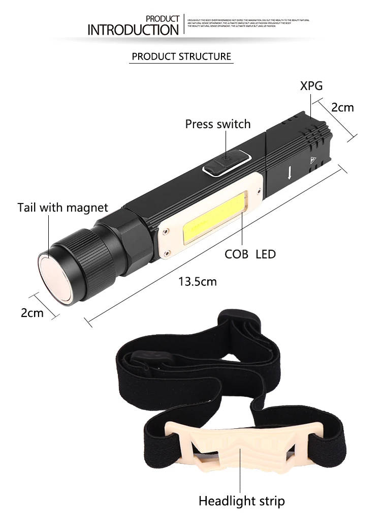 Многофункциональный светодиодный фонарик XPG COB Встроенный аккумулятор факел USB Перезаряжаемый водонепроницаемый фонарь магнит головная лампа гаражный инструмент