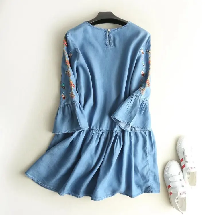 Джинсы платье с вышивкой женские летние новые Винтаж Тенсел платье из джинсовой ткани женские Повседневное синий Мини-платья для девочки