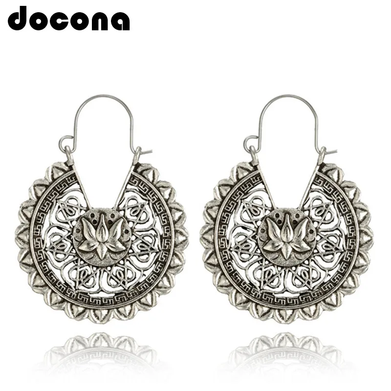 docona Bohemia Tribal Hollow Lotus Flower Drop Earrings for Women Vintage Antique Carved Circle Dangle Earring Pendientes 4495
