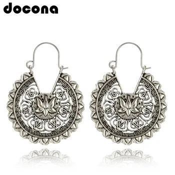 docona Bohemia Tribal Hollow Lotus Flower Drop Earrings for Women Vintage Antique Carved Circle Dangle Earring Pendientes 4495