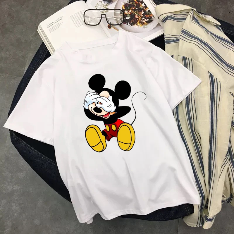 

Women White Summer Clothes Short Sleeve Shy Mickey Harajuku T Shirt Aesthetic Plus Size Streetwear Kawaii Tops Graphic Tees