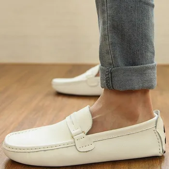 

Plus Size Man Shoes Fashion Leather Men Shoes Casual Summer Flats British White Men Loafers Slip On Soft Driving Shoes 28-67