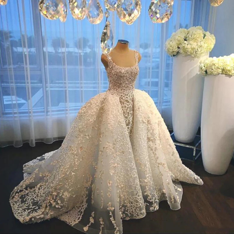 Vestido De Novia 3D аппликации шикарные свадебные платья Съемный Поезд Романтический Роскошный кружевной Цветы Свадебные платья-Русалка на заказ