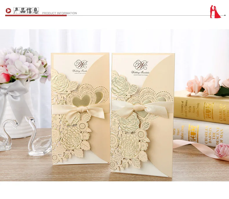 Высокое качество свадебные пригласительные карточки с лентой 113*215 мм Золотой цветок карты, включая внутри бумаги, конверт и печать