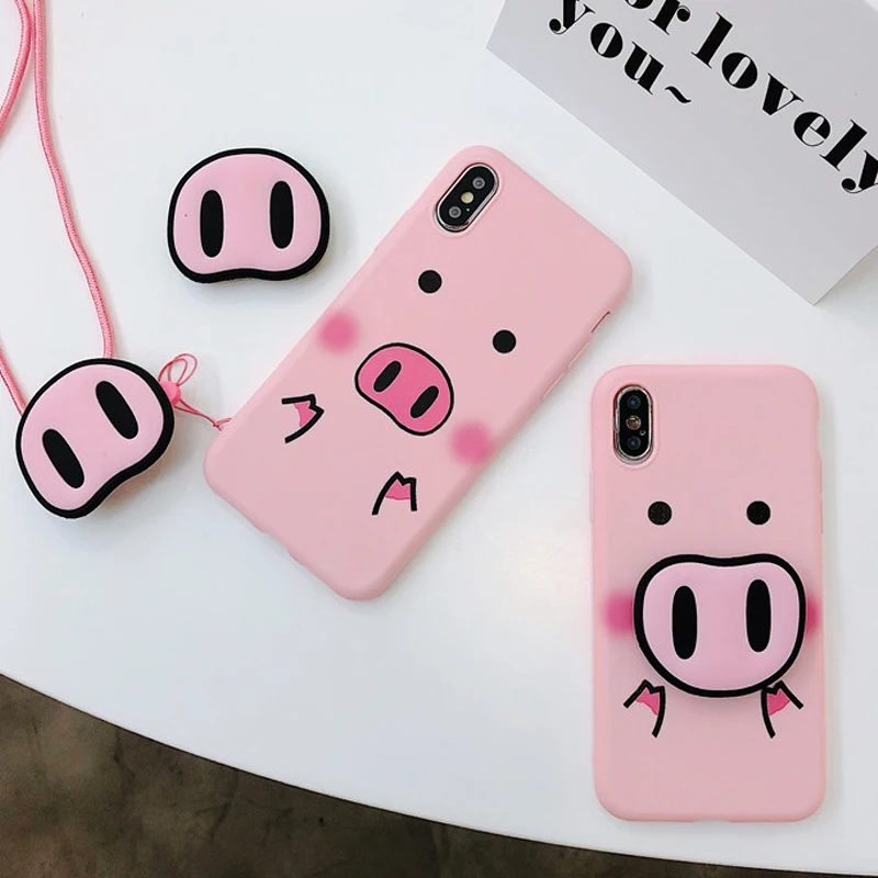 

Cyato Pink Pig Case For iPhone X Case Silicone Stand Holder Phone Cover For iPhone 6S 8 6 Plus XS Max 7 Plus XS Case Pig Lanyard