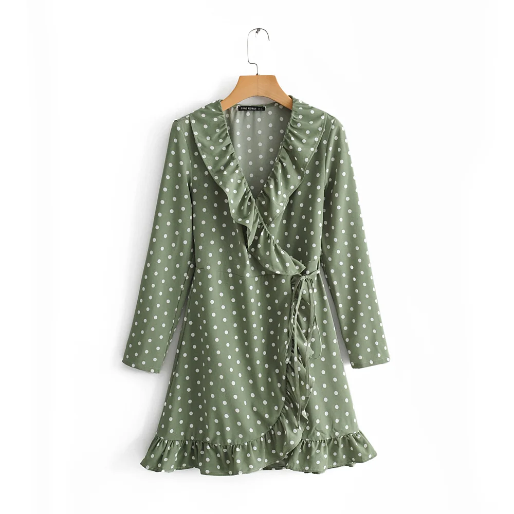 

Summer 2019 New European and American Style Baitie Slim Dress V-neck Lotus Edge Wave Point Wrapped Dress