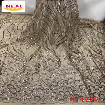 

Gold 2020 New Design African Lace Fabric Wholesale French Lace Fabric High Quality Nigerian Tulle Sequins Lace Fabric NI1709
