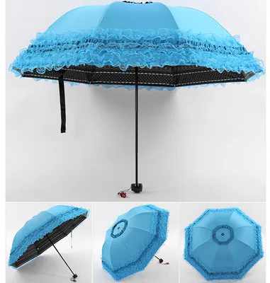 Korea Small Fresh Umbrellas Umbrella Rain Woman Folding Female Princess Sunscreen Lace Sun Umbrella UV Protection Goddess - Цвет: Blue