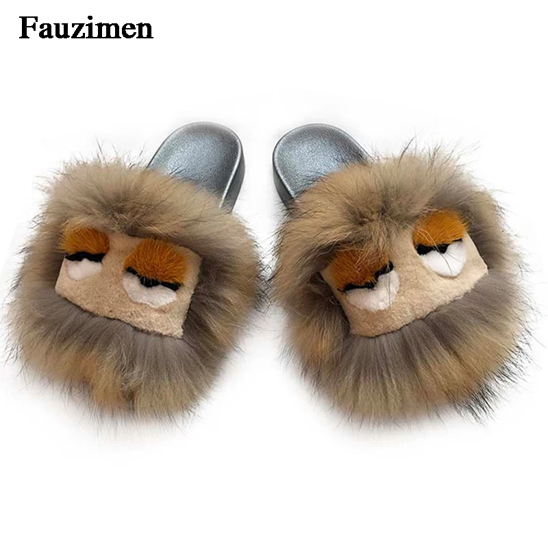 

Women Real Fox Fur Cute Monster Fur Slippers Outside Slides Women Natural Real Furry Sandals Fancy Shoes