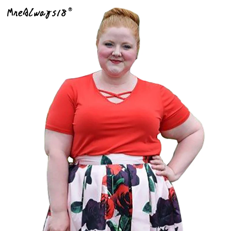 Mnealways18 Plus Size Red T Shirt Women Short Sleeve T shirt Female