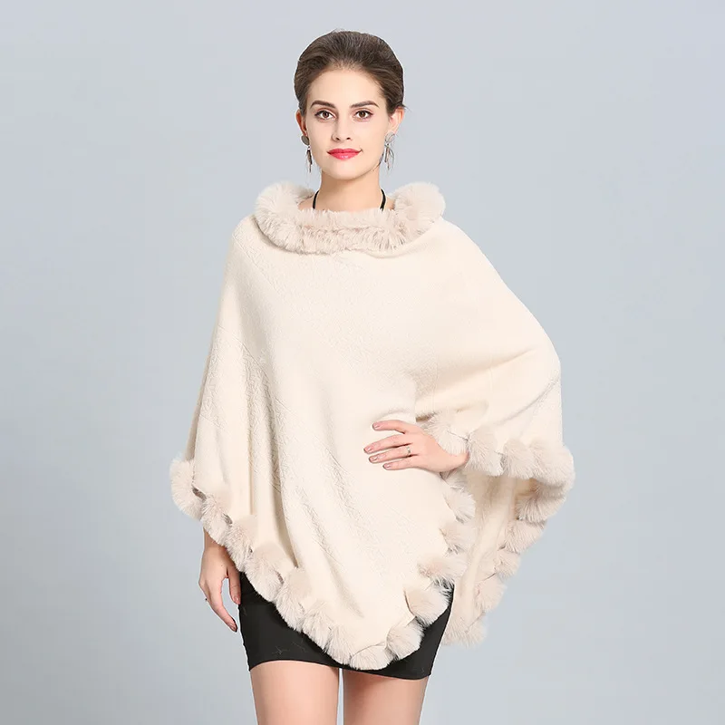 Women Capes Solid Poncho 2018 Winter Faux Fox Fur Out Street wear Knitted Triangle Fur Sweater Plus Size Pullover Coat Fur Neck