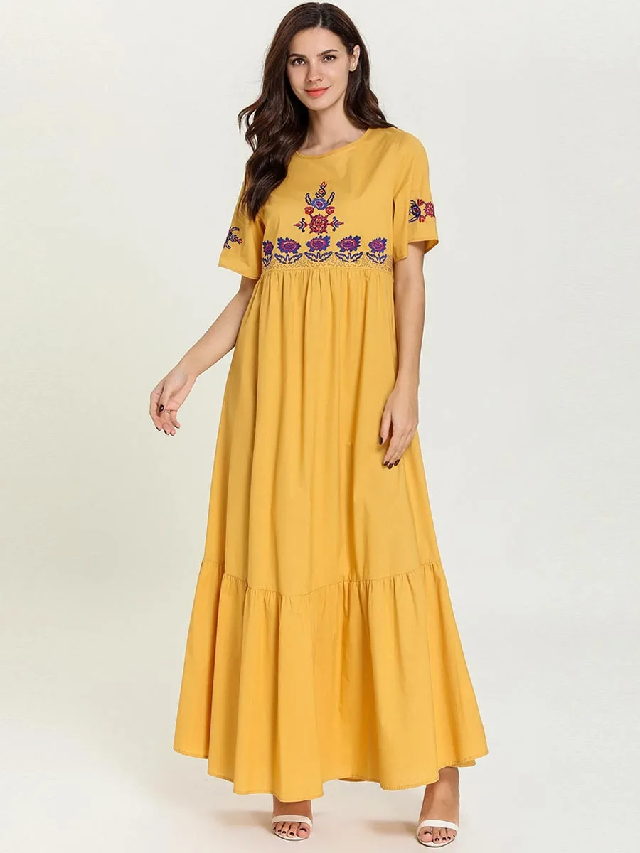 Женское длинное мусульманское платье с вышивкой желтое летнее abaya Femme Дубай