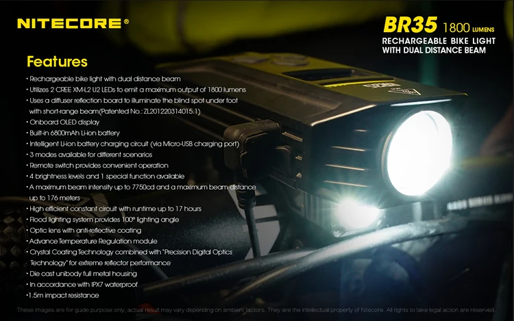 NITECORE BR35 велосипедный светильник с двойным пучком OLED перезаряжаемый велосипедный светильник 2* CREE XM-L2 U2 1800лм со встроенным аккумулятором 6800 мАч