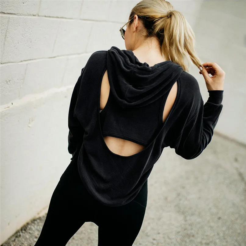 Casual Women  Yoga Top Blouse Shirt Hoodie Backless Sweatshirts Long Sleeve Sport Sports Running Long sleeve sportswear #3j05 (4)