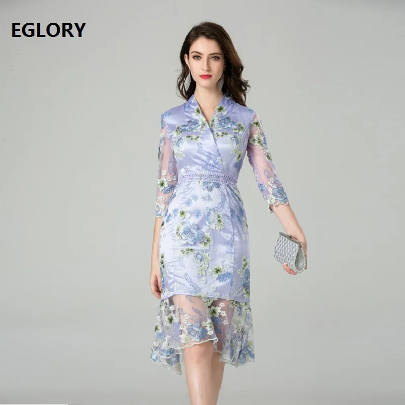 

2019 Spring Summer Sexy Party Mermaid Dress Women V-Neck Tulle Mesh Embroidery Patchwork 3/4 Sleeve Bodycon Dress Purple Vestido