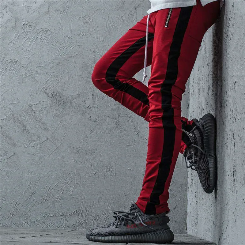 Мужские полосы модные брюки для бега повседневные мужские тонкие черные штаны прямые брюки хлопчатобумажные спортивные брюки гимнастические брюки