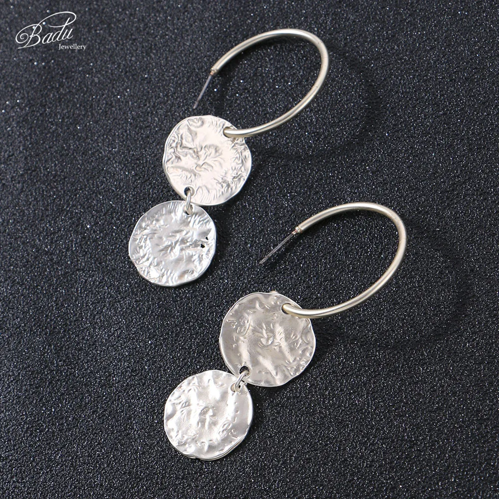 Badu Silver Hoop Earring Women Vintage Hammered Metallic Earrings Punk Style Fashion Jewelry Champagne Color Wholesale