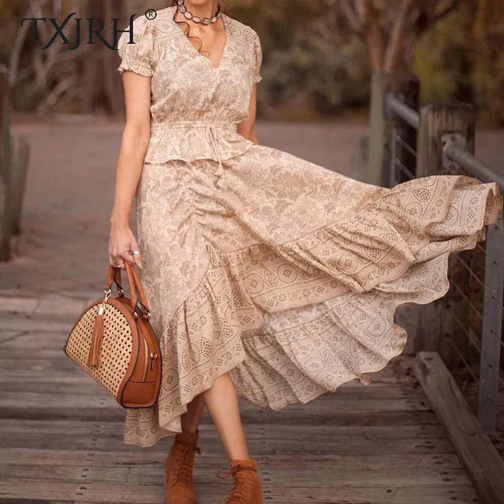 

TXJRH Bohemia Ethnic Floral V-Neck Waist Lacing up Tassel Tops Elastic Waist Drawstring Long HI-LO A-Line Skirt 2 Pieces Sets