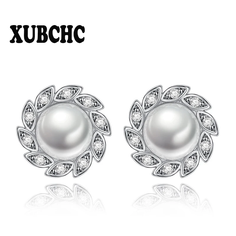 XUBCHC Tendy Style Plant Flower Zircon White Steel Stud Earrings Simple Leaf Simulated Pearl Earring Fashion Jewelry for Women | Украшения