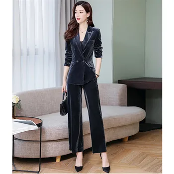 

Women's trousers suit women's temperament double-breasted velvet suit two-piece (jacket + pants) women's business casual suit
