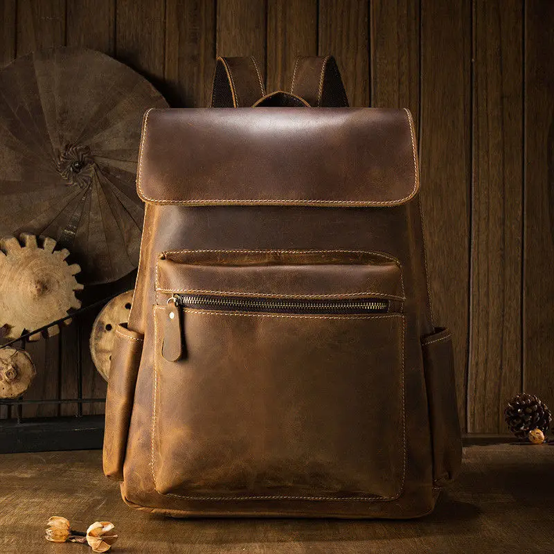 PNDME simple vintage genuine leather men's backpack ladies large rucksack casual crazy horse cowhide daily laptop bookbag - Цвет: Brown