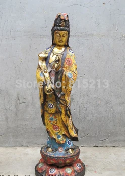 

bi001017 27"China Red bronze Cloisonne Yellow robe as one wishes Kwan-yin Buddha Statue
