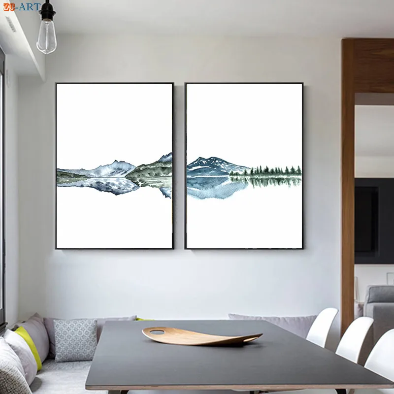Синий Зеленый Wall Art Абстрактная живопись печати горы плакат с озером пейзаж холст