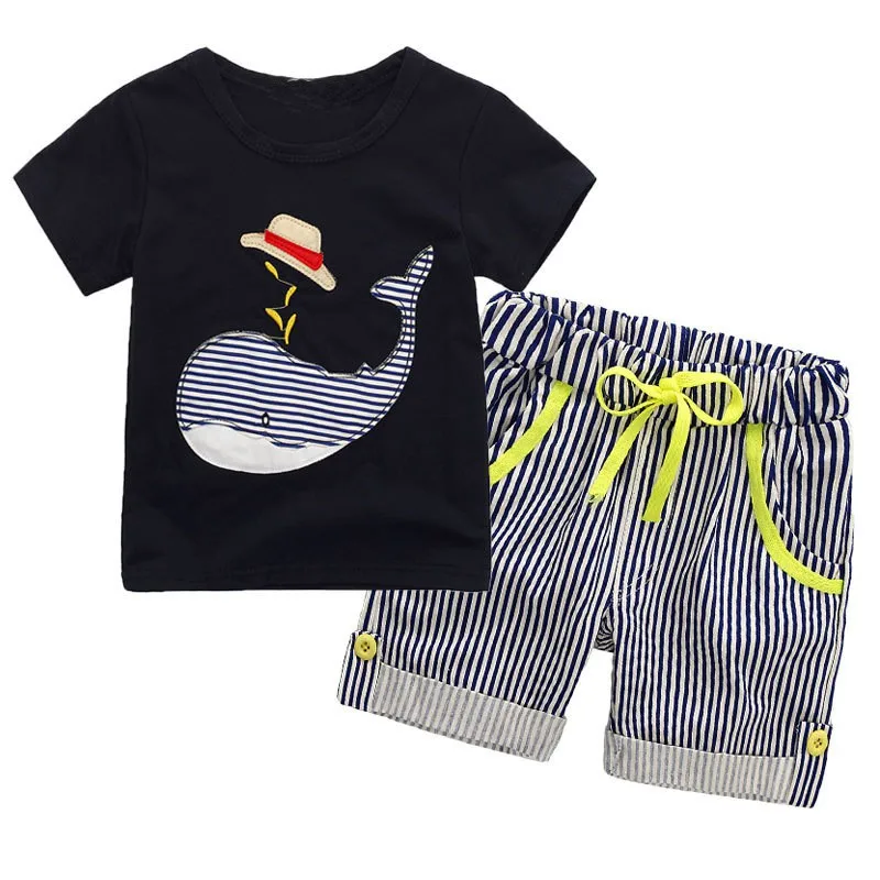 

Baby boy clothing set summer two piece set boys whale printed o-neck regular short sleeve pullover T-shirt + striped shorts