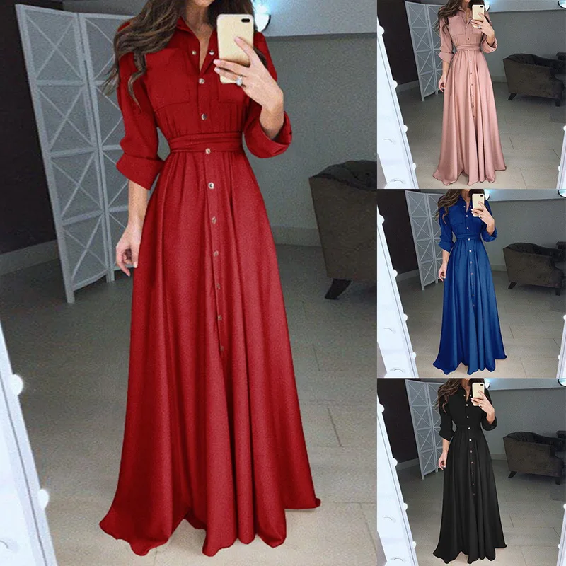 2018 New Autumn Vestidos Long Sleeve Dress red Vintage Long Maxi