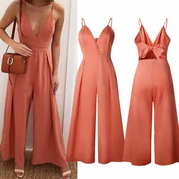 

Back Bow Women Strap Wide Legs Romper Summer Holiday Female Solid Color Casual Jumpsuit V-neck Bodysuit Clubwear Outfits NEW