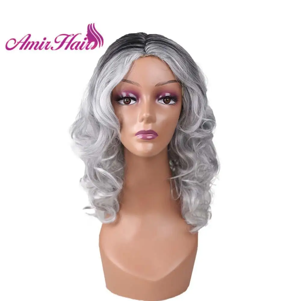 

Amir Curly Synthetic Wigs medium length Ombre black to white Heat Resistant Fiber For American African Women Cosplay 16 inch