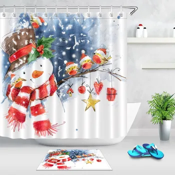 

LB Snowman Birds Snowflake And Christmas Decorations White Shower Curtain Set Bathroom Waterproof Polyester Fabric For Bathtub
