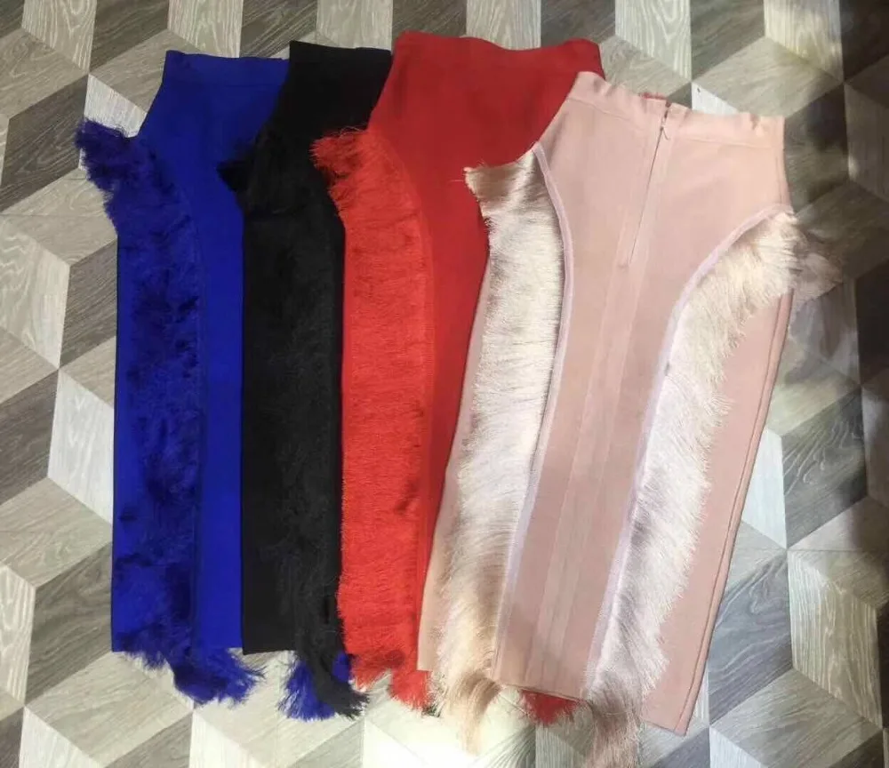 Top Quality Celebrity Pink Red Black Blue Knee Length Tassel Rayon Bandage Skirt Night Club Party Skirt (2)