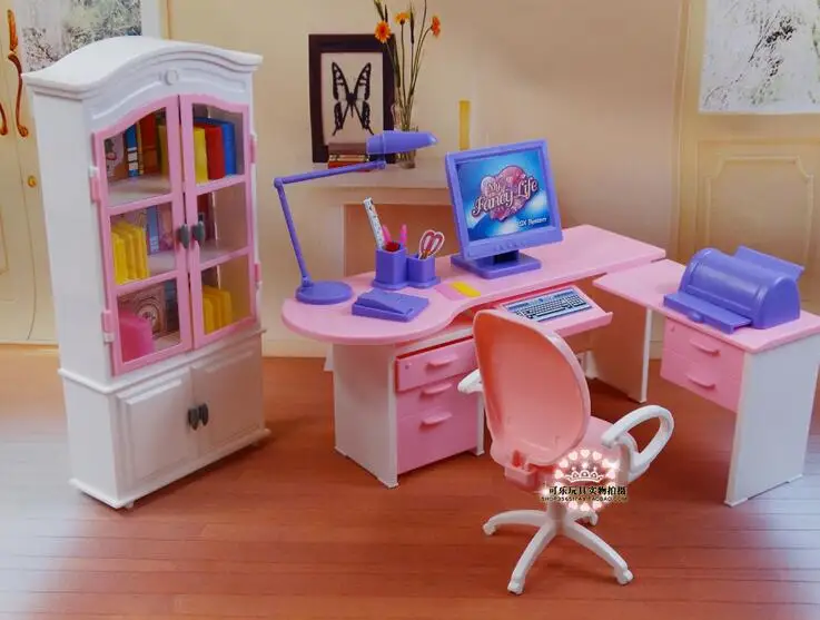 1/6 аксессуары для кукол, Офисный Компьютерный стол+ книжный шкаф, подарок на день рождения, пластиковый игровой набор, мебель для куклы Барби