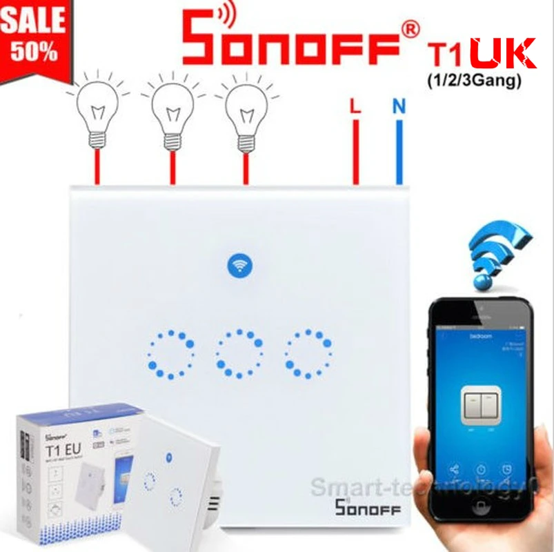 Настенный сенсорный светильник Sonoff T1 UK с Wi-Fi переключатель 1/2/3 Gang Touch/Wifi/433 RF/APP