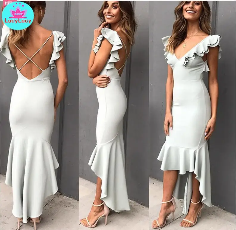 

2019 summer new European and American style ladies lotus leaf sleeves deep V-neck step dress