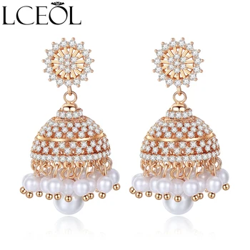 

LCEOL Bohemia Style Champagne Gold Drop Earrings For Women CZ Stone& Imitation Pearl Crown Shaped Dangle Earring Fashion Gift