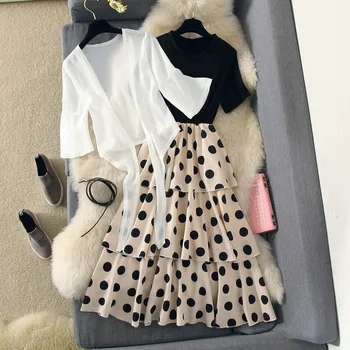 

2019 Spring Summer Sexy Dress Two Piece Suit Womens Dot Printed High Waist Party Dress + Flare Sleeve Short Shawl Set