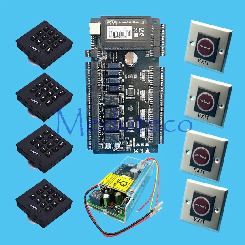 TCP/IP 4 doors access control panel Access System+ 12V5A Power Supply +Keypad Rfid Reader KR102 Kit+No Touch Exit | Безопасность и
