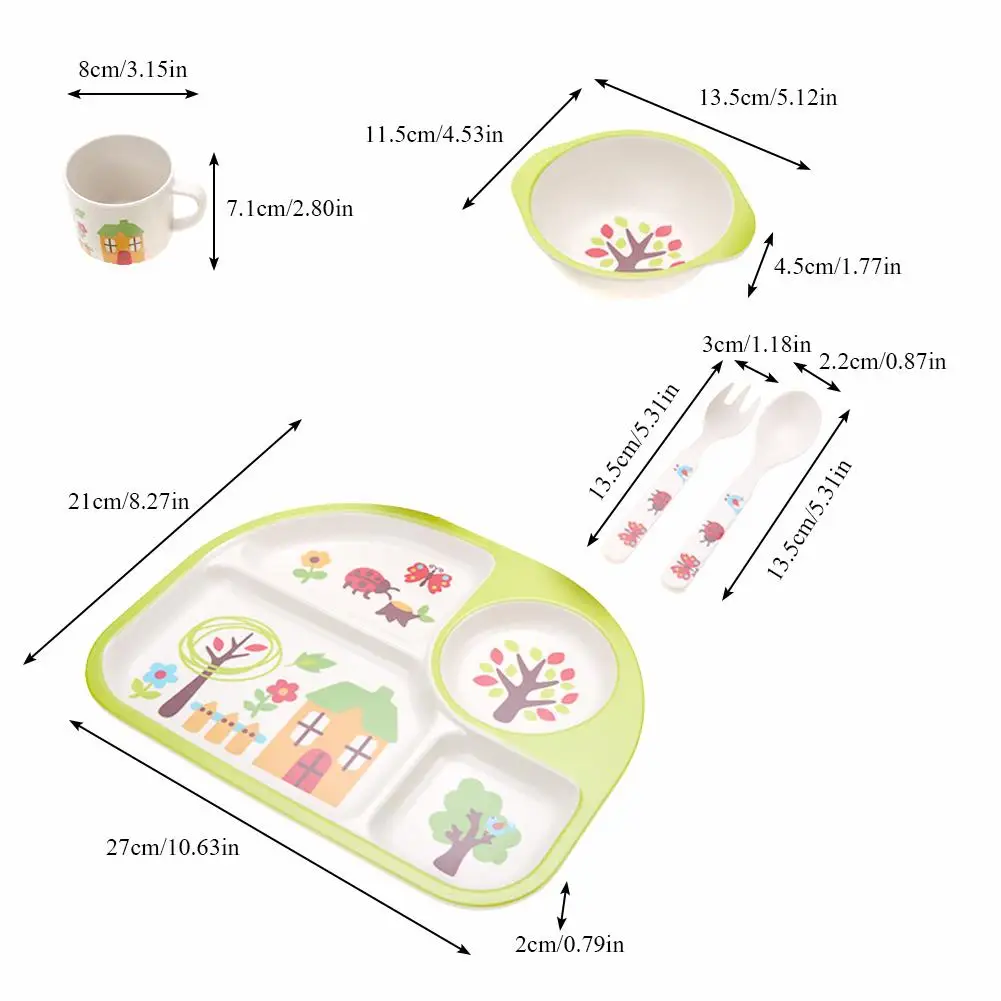 5 шт./Набор для кормления ребенка, набор посуды из бамбукового волокна, Детская тарелка, миска, вилка, ложка, Набор чашек, детская столовая утварь для кормления детей