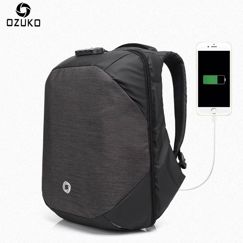 Ozuko Men Backpacks USB Charge Computer Backpack Password Lock 15 6Inch Laptop Bags Casual Three dimensional