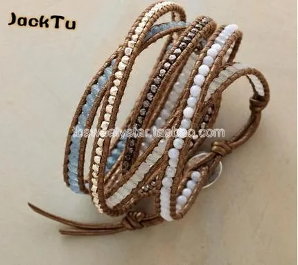 

2017 mixed mother of pearl beads nuggets kansa leather wrap bracelet