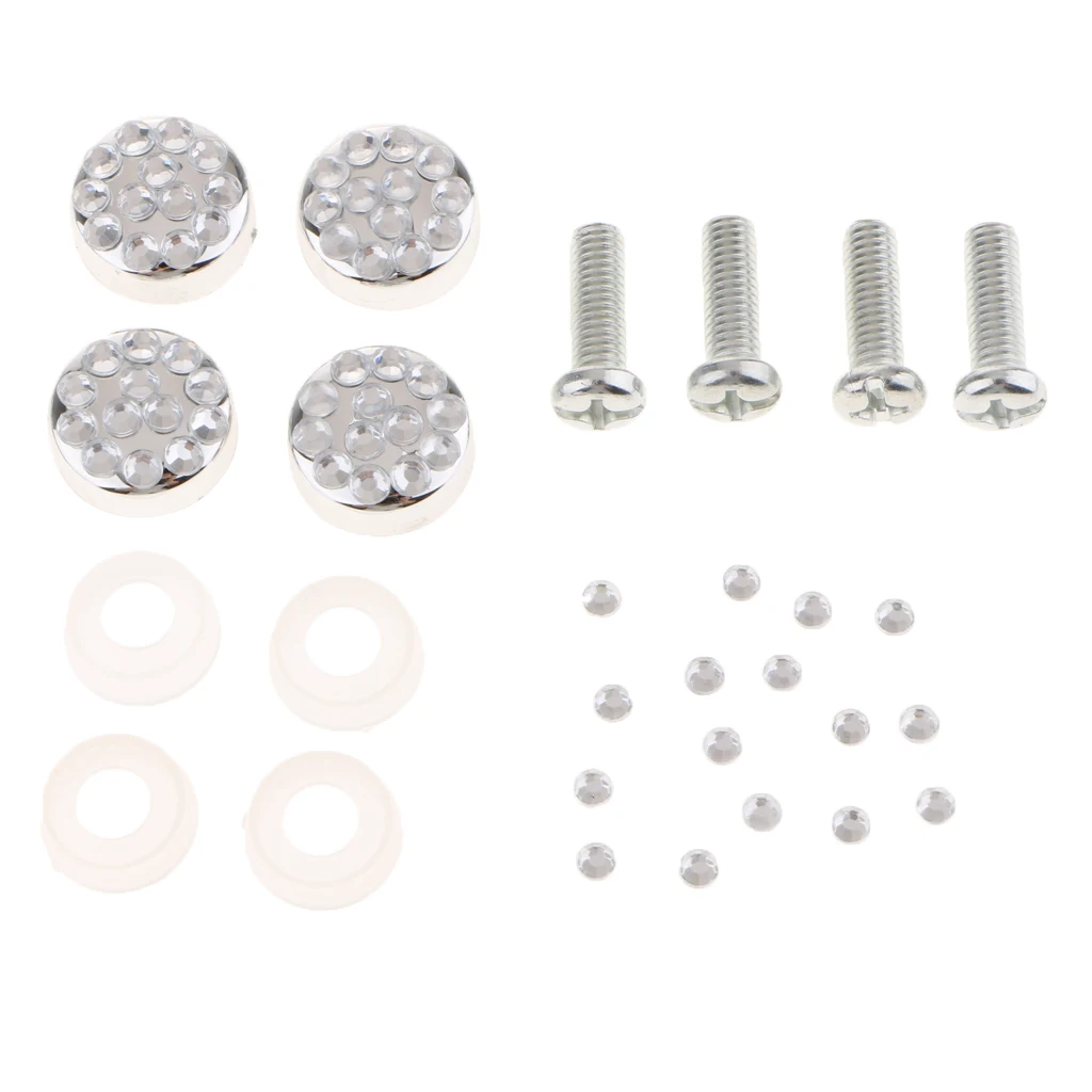 License Plate Tag Frame Fasteners Screws Bolts Chrome Diamante Caps Cover